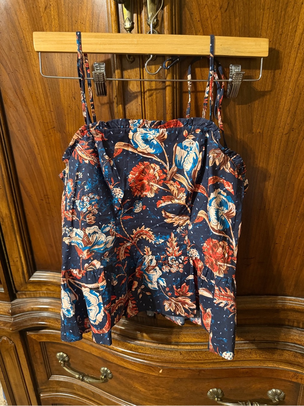 Express Navy Floral Spaghetti-Strap Camisole with Red and Cream Blooms